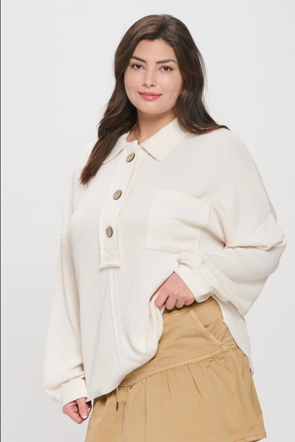 Plus Size Collared Raw Edge Knit Top