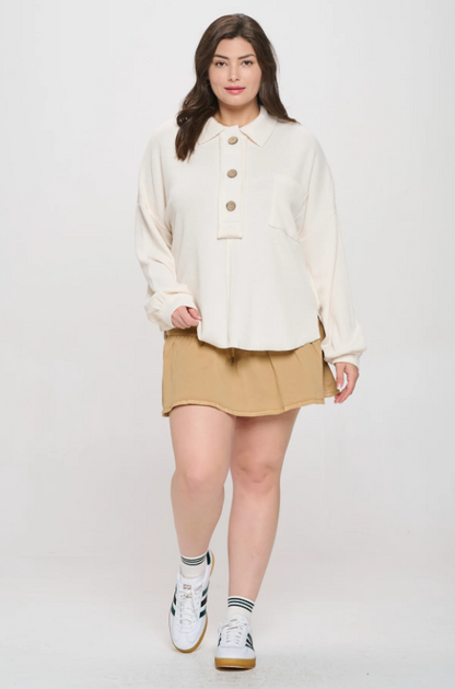Plus Size Collared Raw Edge Knit Top