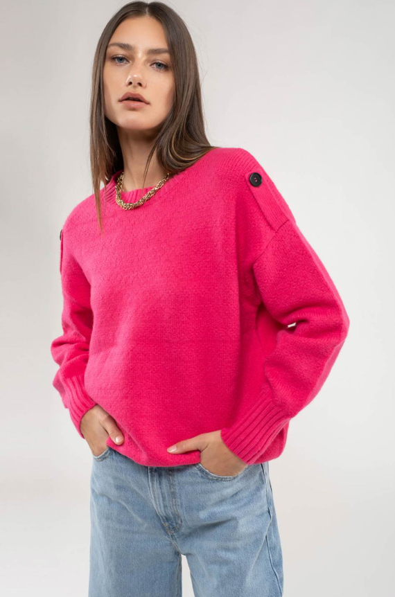 Button Tab Shoulder Pullover Sweater