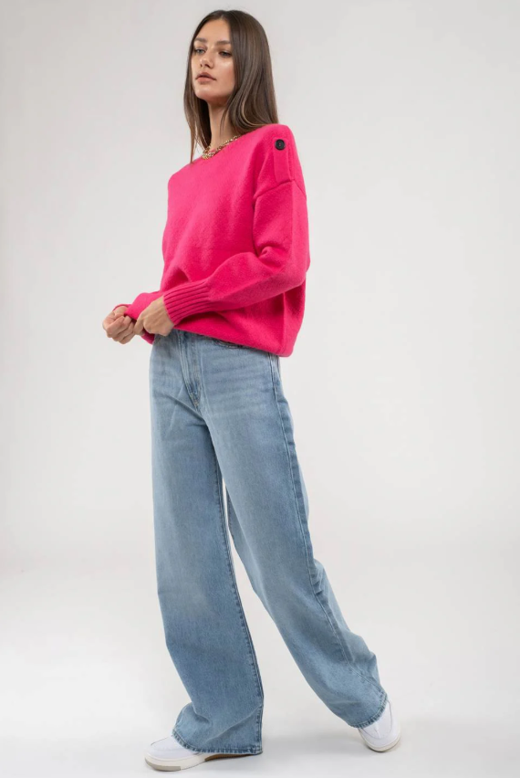 Button Tab Shoulder Pullover Sweater