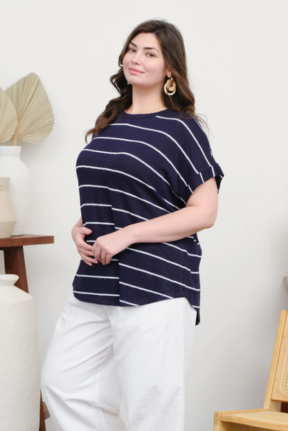 Plus Size Stripe Round Neck Short Cuff Sleeve Knit Top