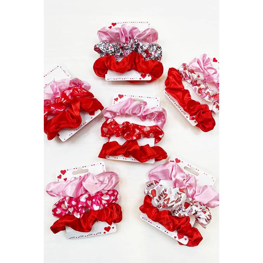 Heart Prints Pink Red Hair Scrunchie Set
