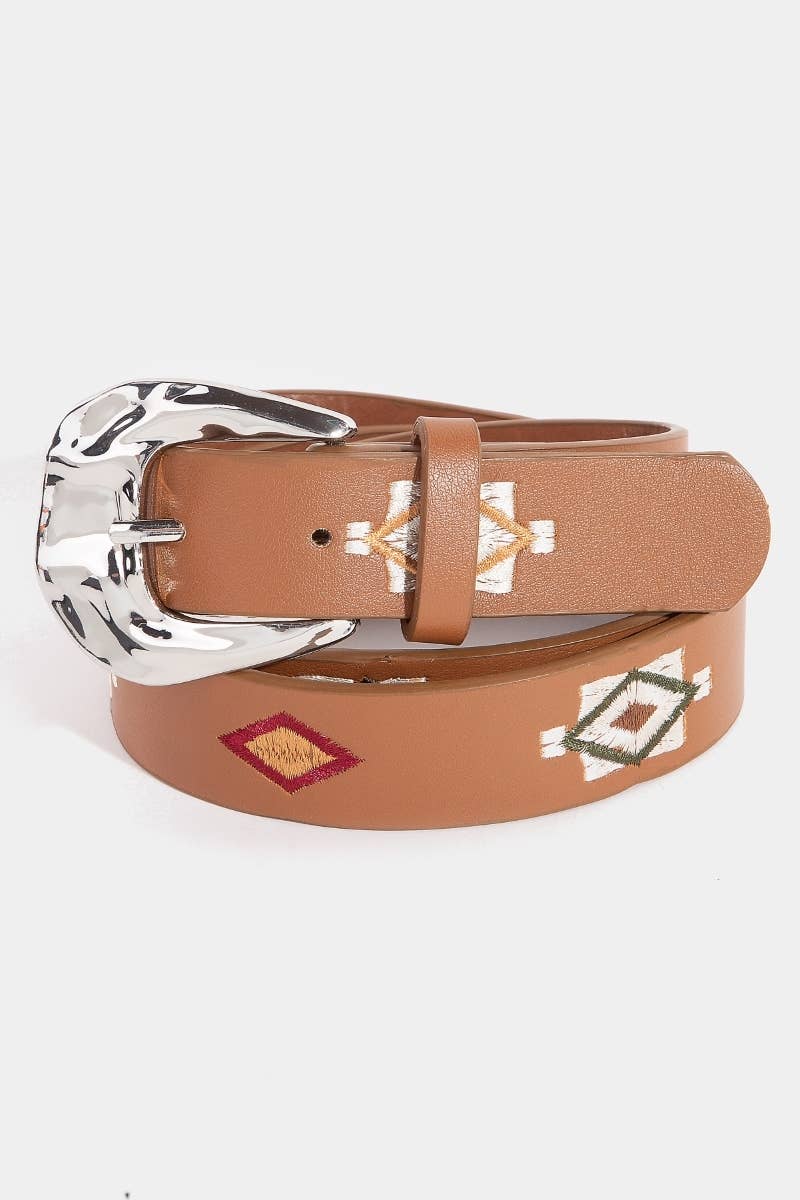 Boho Embroidered Pattern Vegan Leather Belt