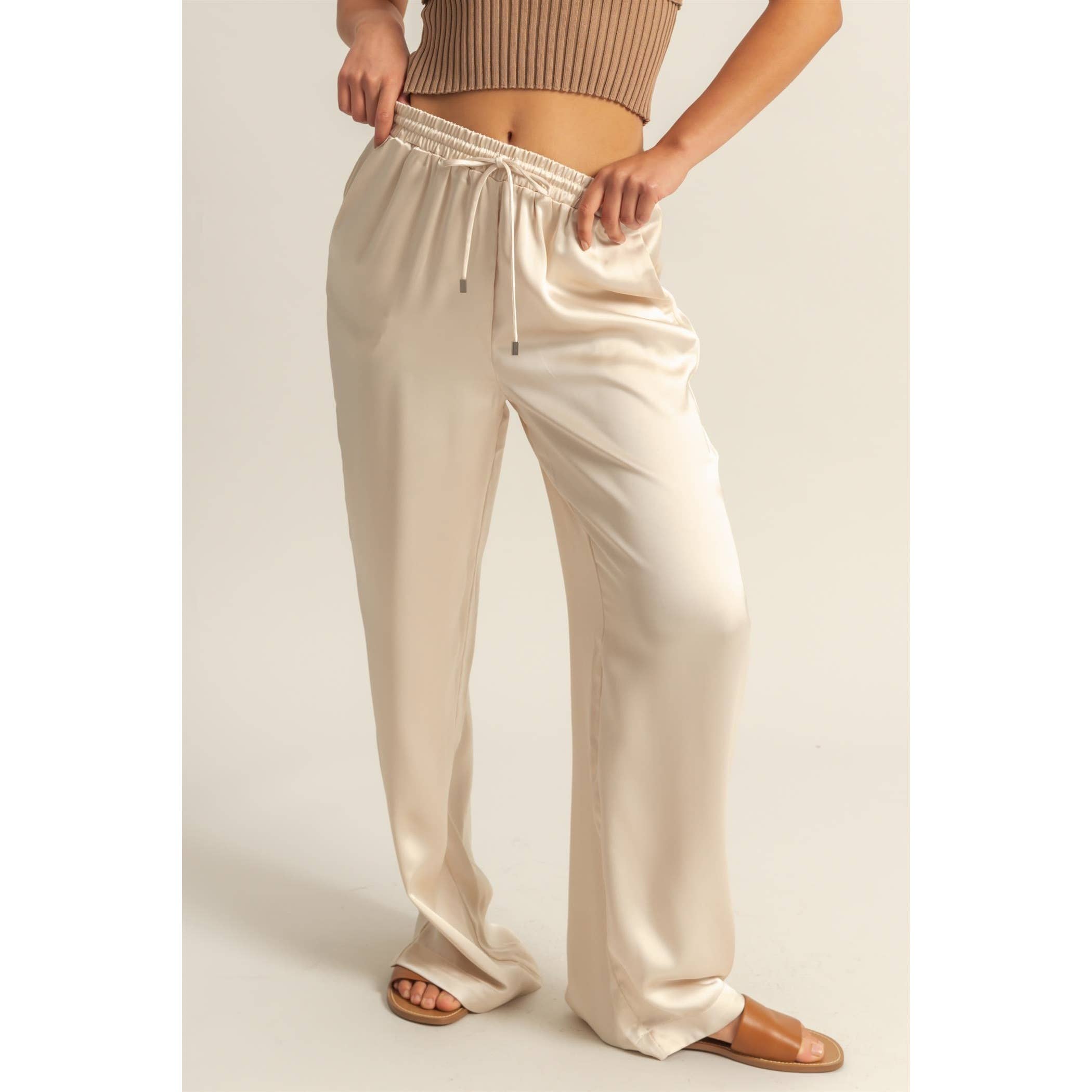 Drawstring Waist Wide Leg Satin Pants
