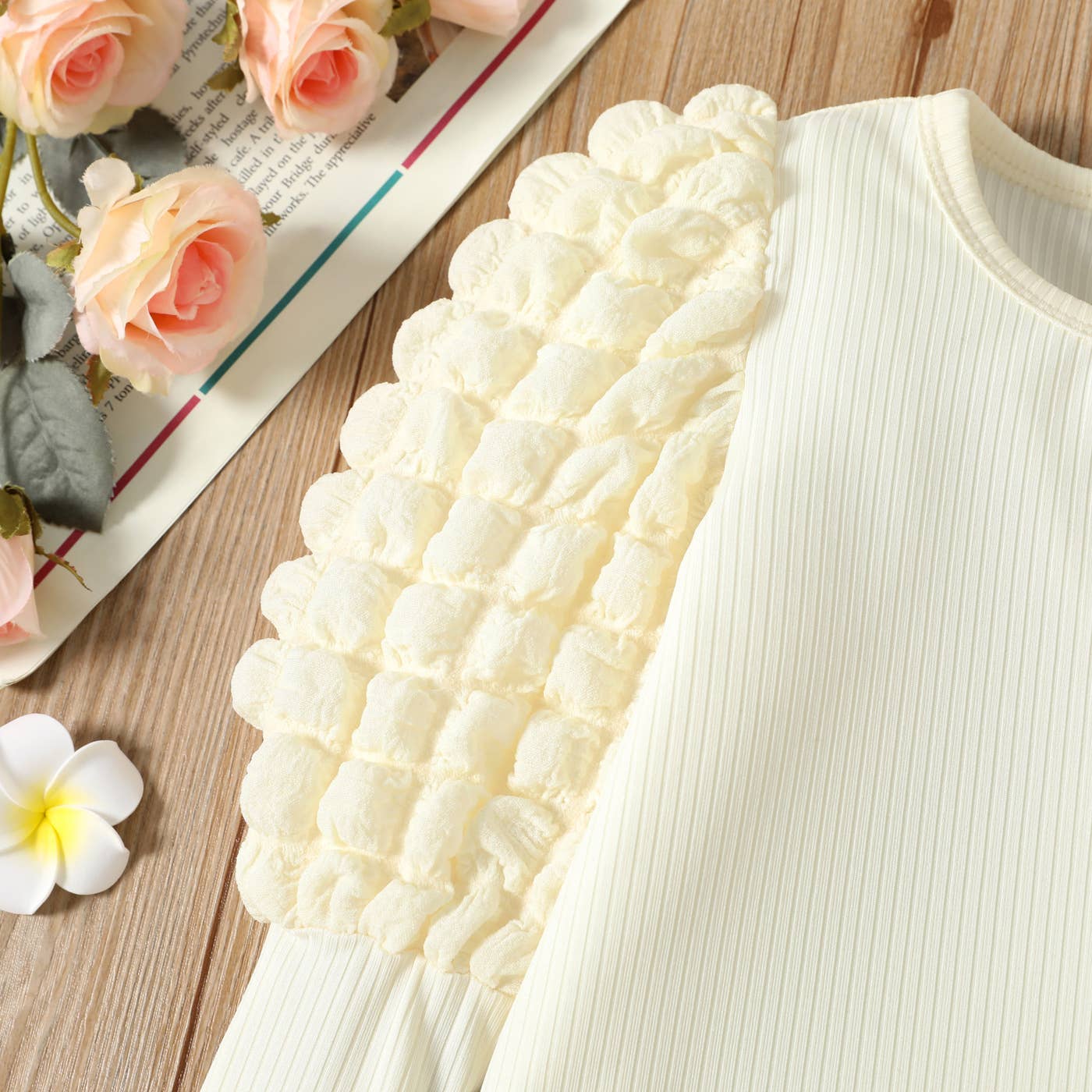 Girl's Textured Ribbed Long Puff-Sleeve Top