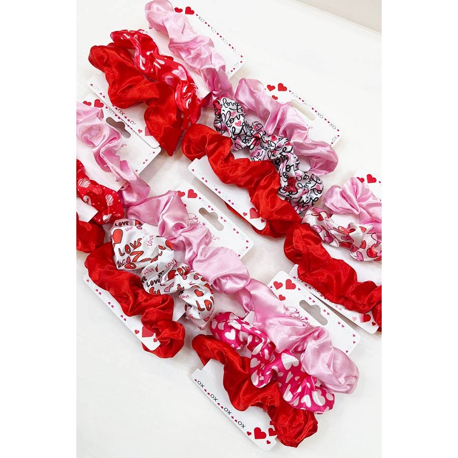 Heart Prints Pink Red Hair Scrunchie Set