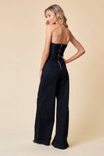 Off Shoulder Wide Leg Denim Jumpsuit