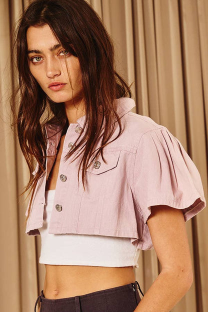 Short Puff Sleeves Cropped Denim Jacket