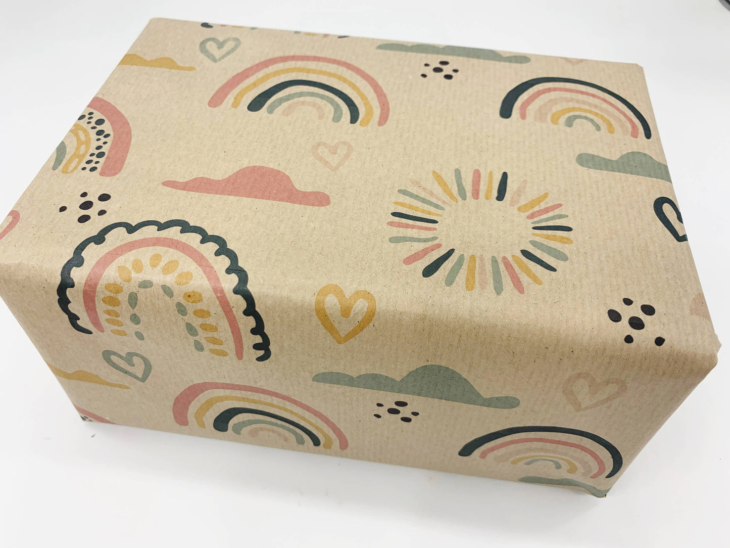 Rainbow and Hearts Recycled Eco Kraft Wrapping Paper