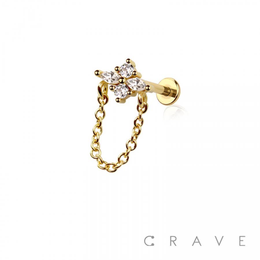 FLOWER MARQUISE CZ CHAIN TOP 316L SURGICAL STEEL THREADLESS: GOLD/CLEAR 6MM