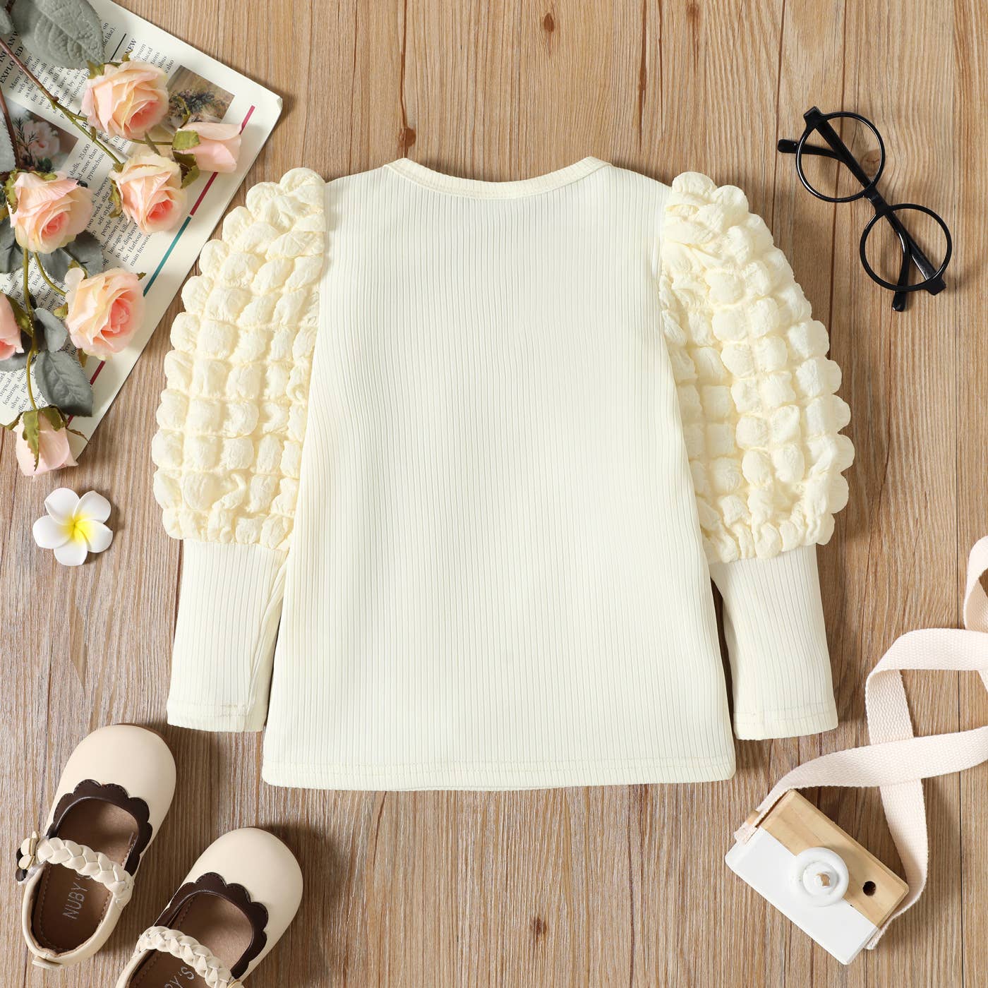 Girl's Textured Ribbed Long Puff-Sleeve Top