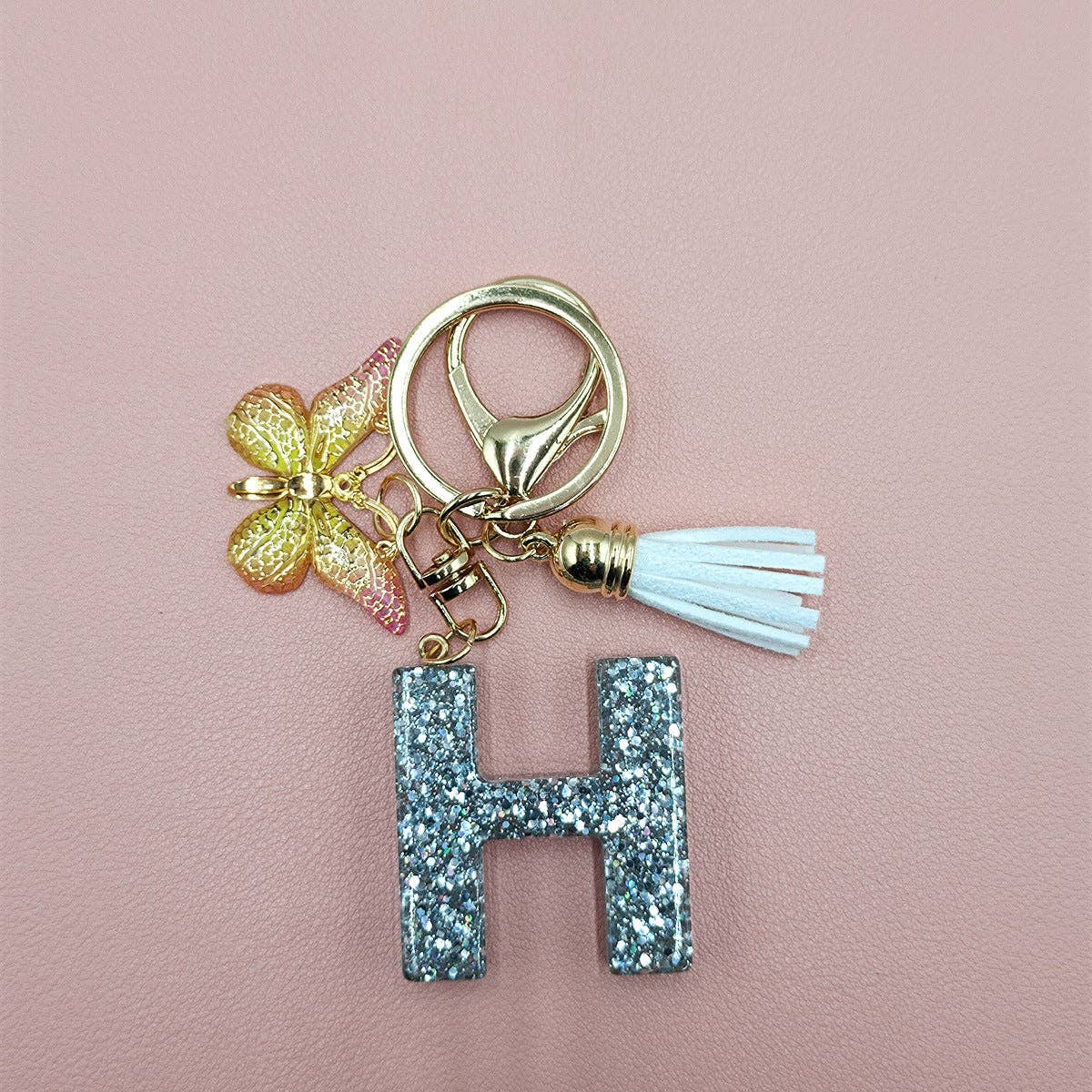 Silver Sequined Resin Letter Charm Keychains