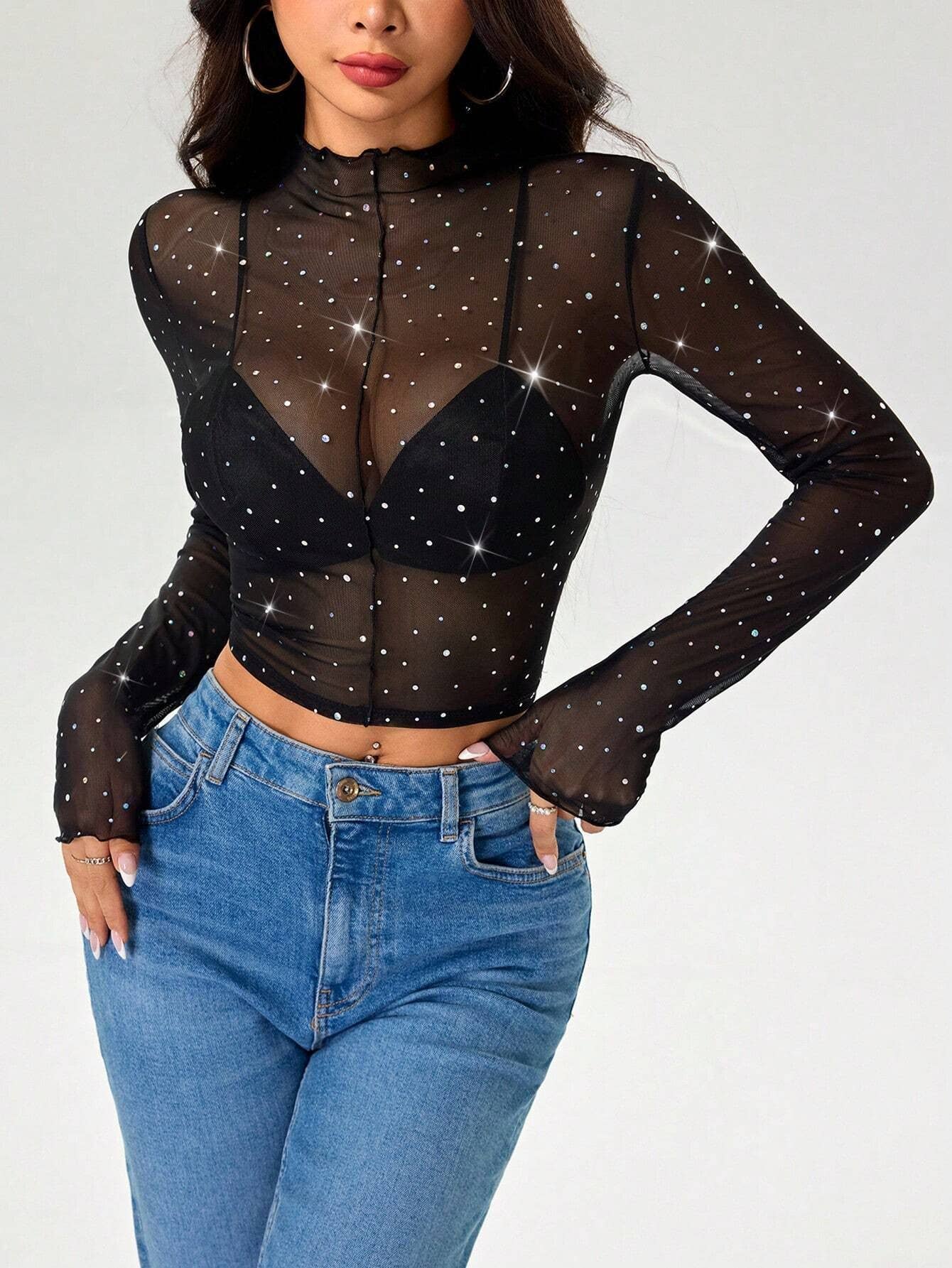Sequin Long Sleeve Mesh Top