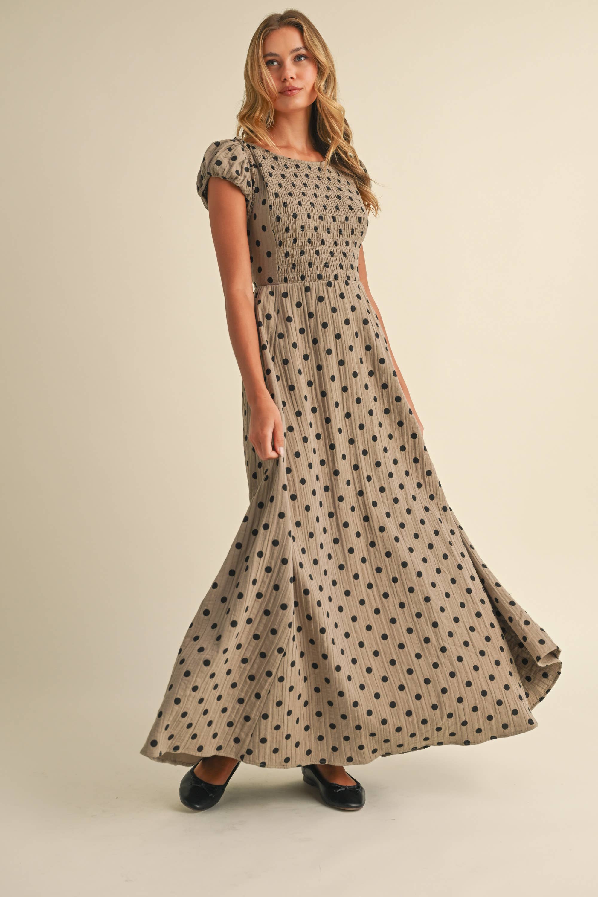 Polka Dot Criss Cross Open Back Smocked Maxi Dress