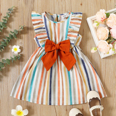 Toddler Girl Stripe Ruffled Bow Sleeveless Dress