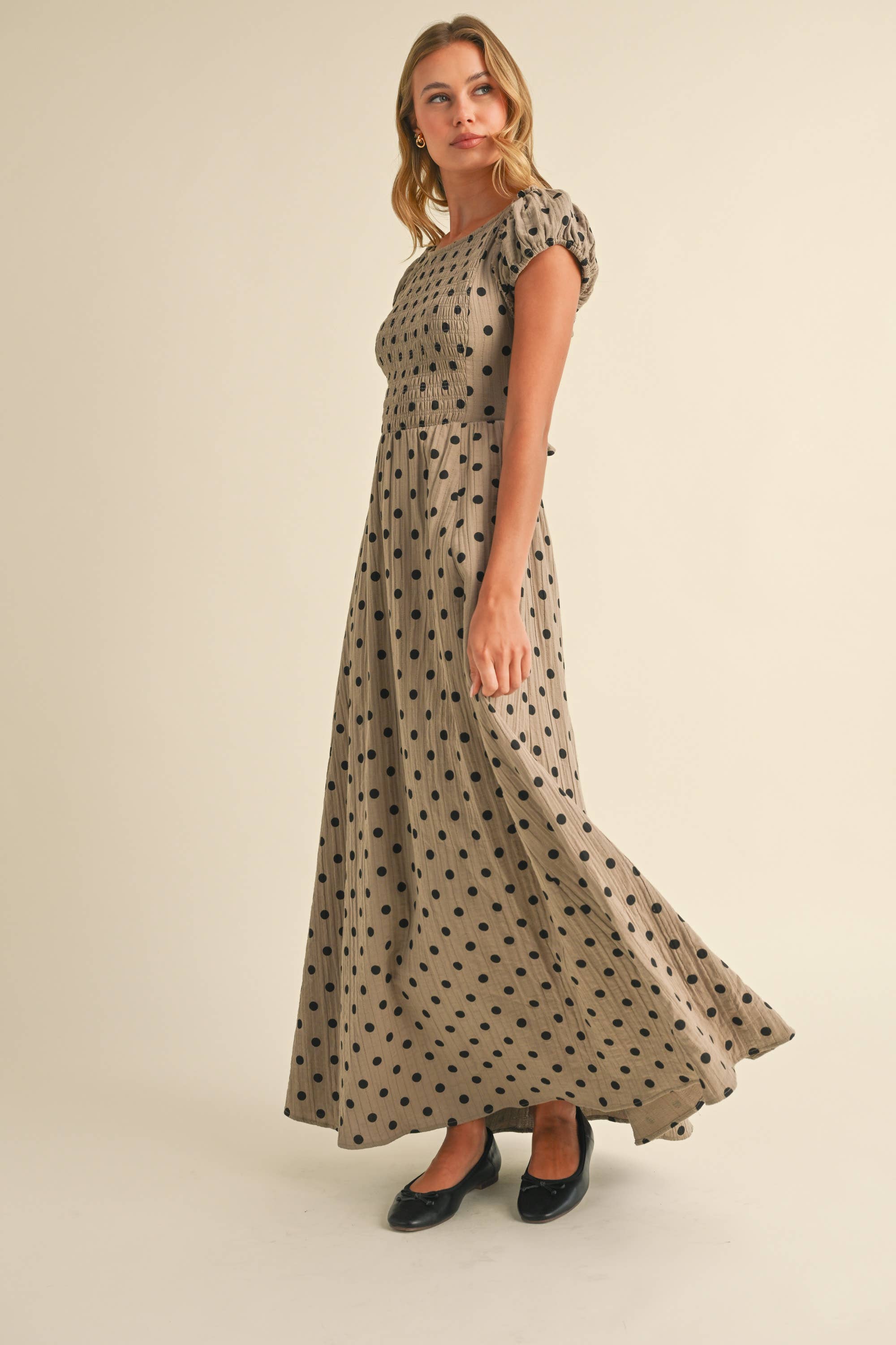 Polka Dot Criss Cross Open Back Smocked Maxi Dress