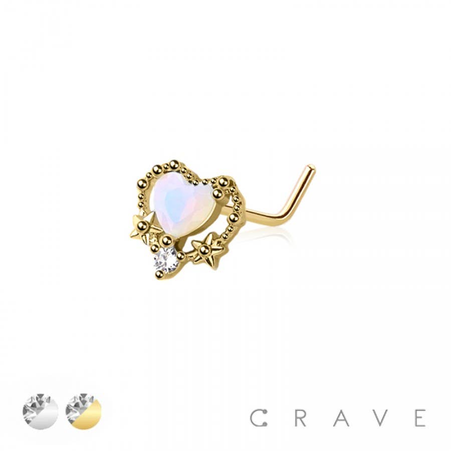 Opal Heart w/Center CZ Gem L-Shape Nose Ring