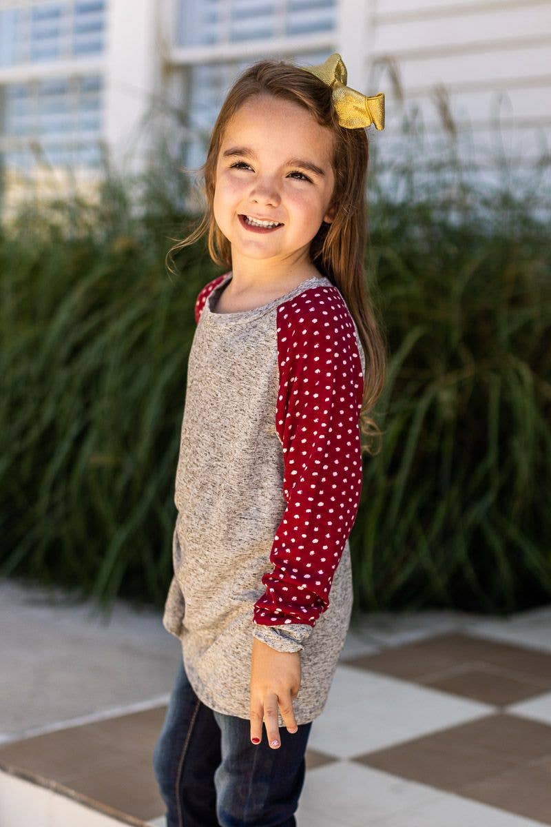 Girls' LS Tee with Polka Dot Print Sleeves