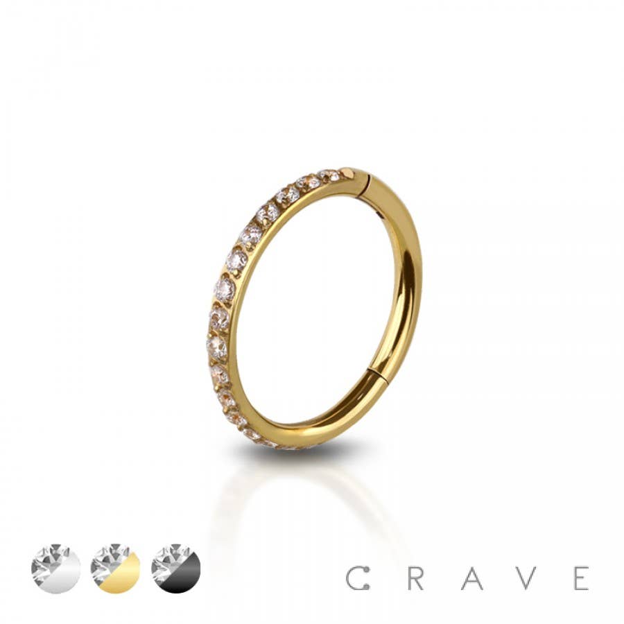 316L SS SIDE CZ HINGED SEGMENT RING FOR SEPTUM,HELIX, TRAGUS: 20GA (0.8MM)-5/16" (8MM)--SS/CLEAR