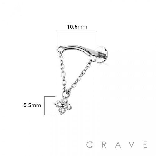 Curved Bar Dangle Clear Flower CZ Chain Labret