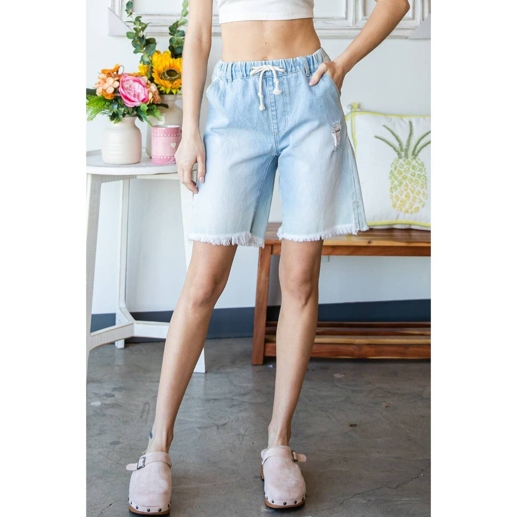 Elastic Waist Denim Sweat Shorts