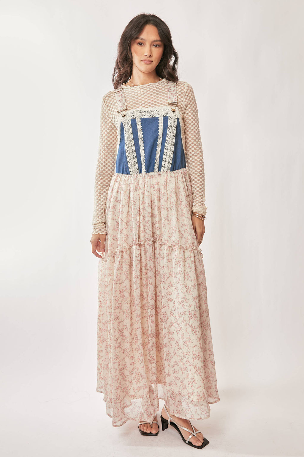 Denim w/Lace Overall Midi Dress