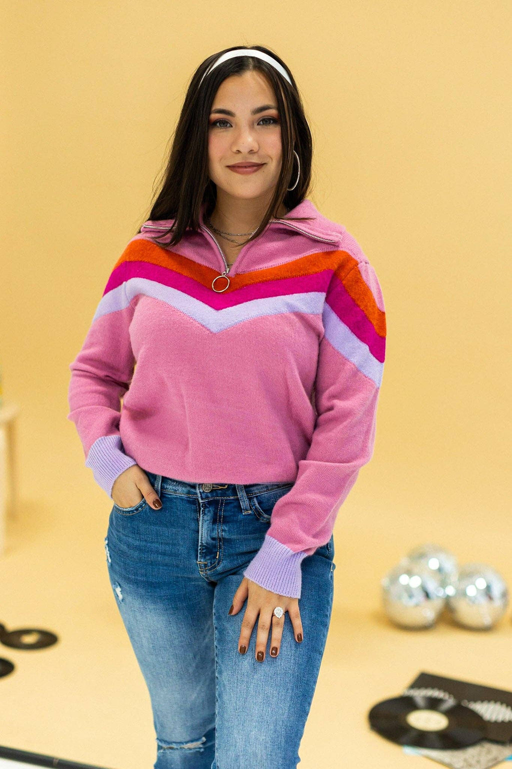 Vintage Vibes Pink Quarter Zip Sweater: Pink / X-Large