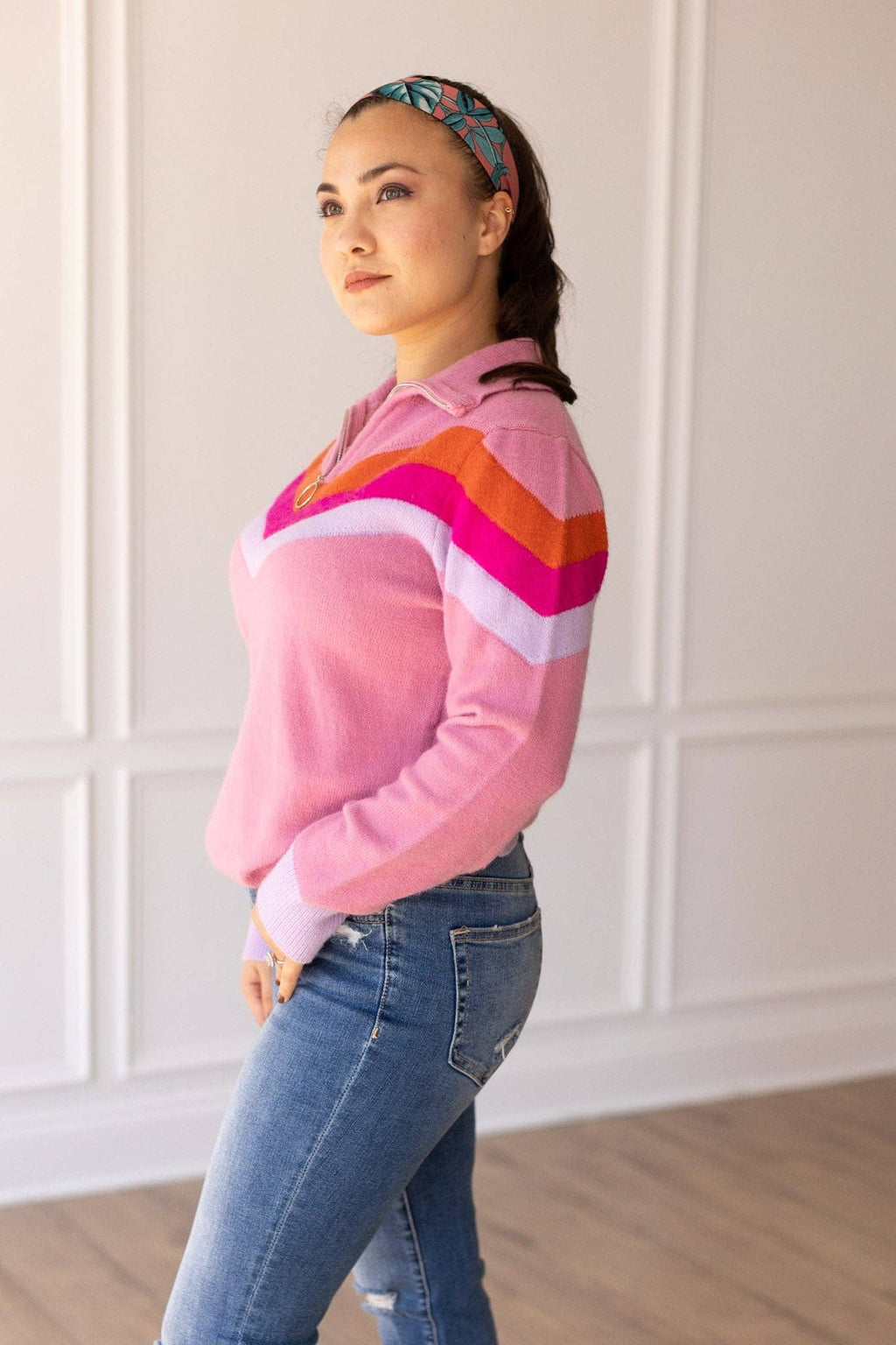 Vintage Vibes Pink Quarter Zip Sweater: Pink / X-Large