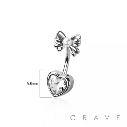 CZ Heart Bow Ribbon Belly Button Ring