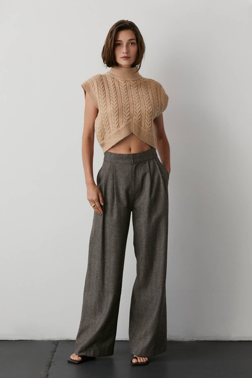 Camila Herringbone Wide-Leg Trouser