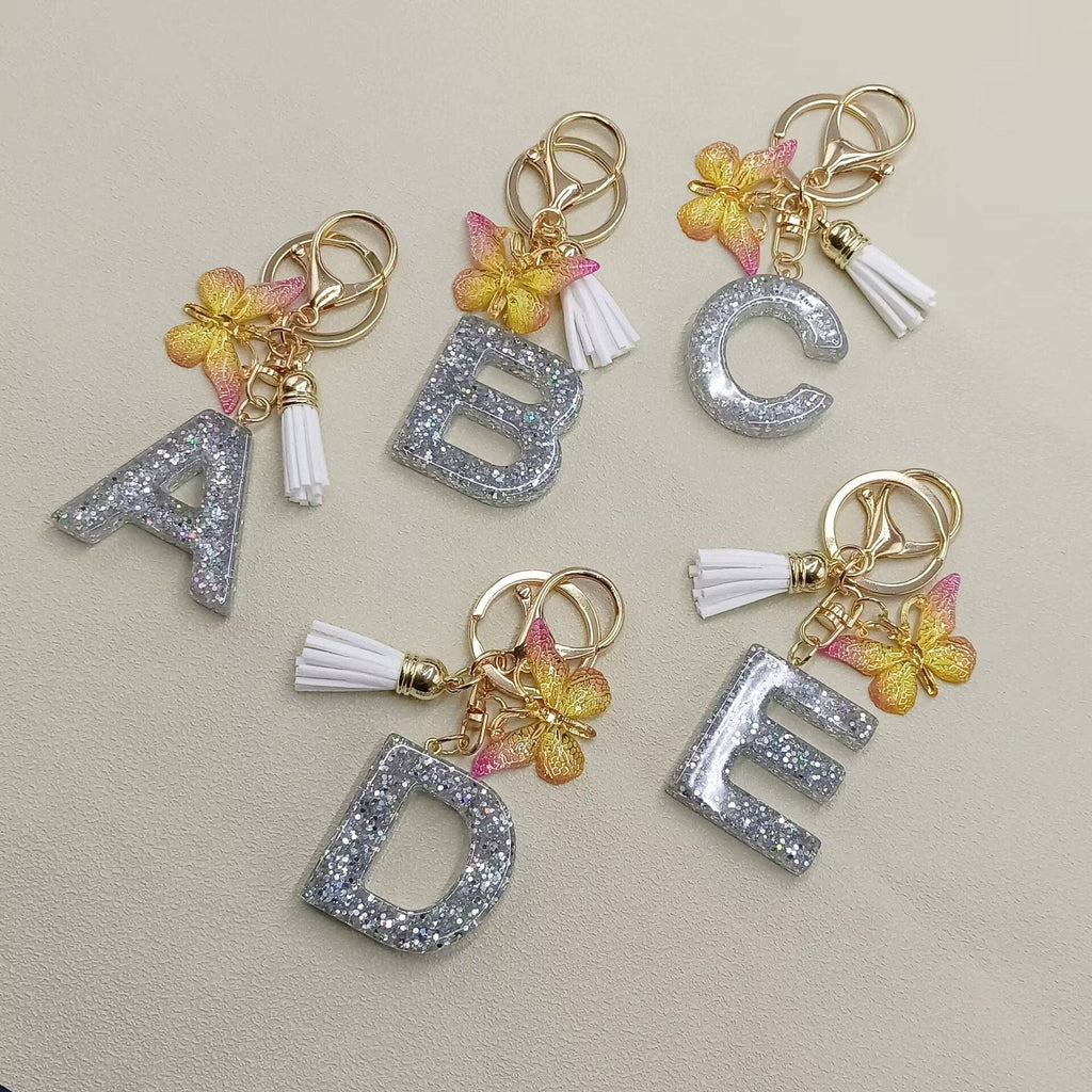 Silver Sequined Resin Letter Charm Keychains