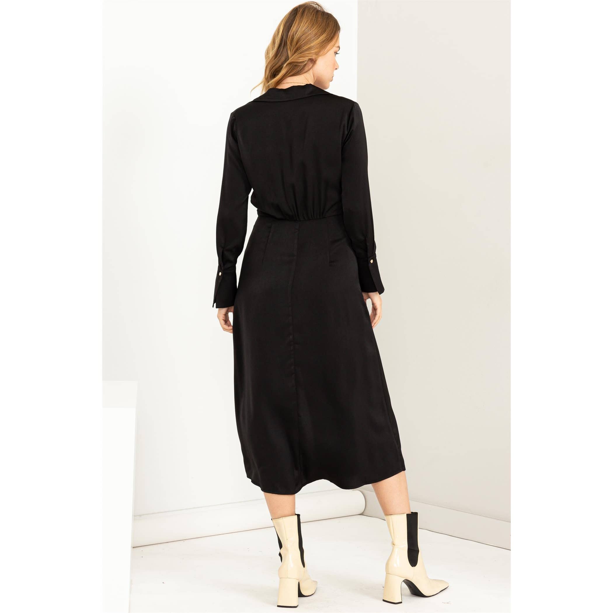 Kind Hearted Satin Wrap Effect Midi Dress / The Emerald Fox Boutique Black / M Kind Hearted Satin Wrap Effect Midi Dress / The Emerald Fox Boutique Black / M