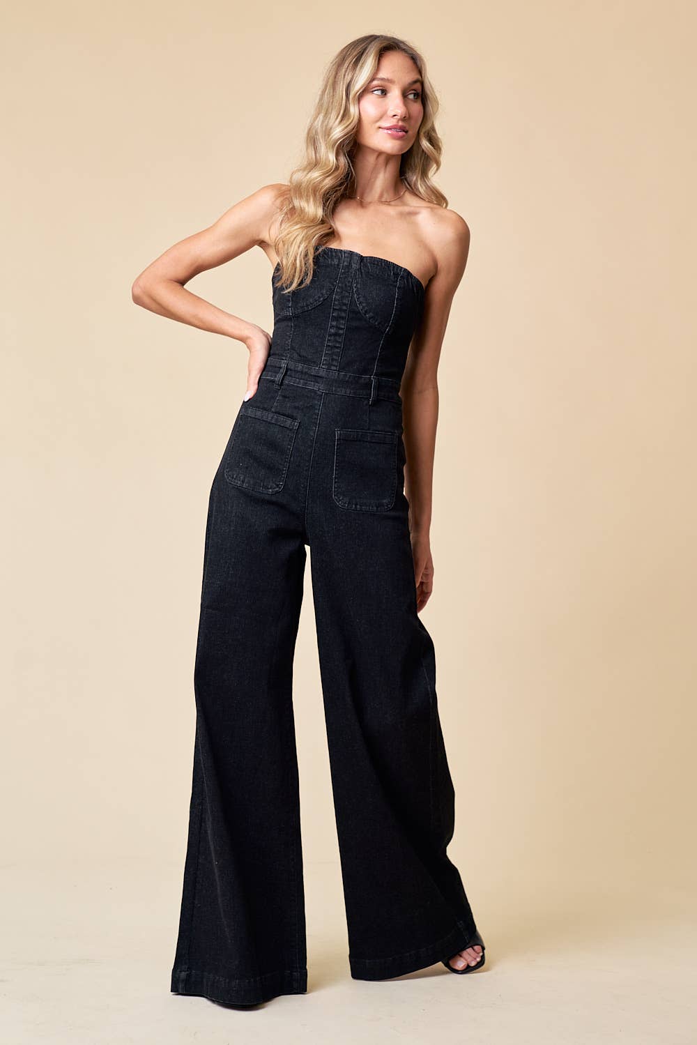 Off Shoulder Wide Leg Denim Jumpsuit