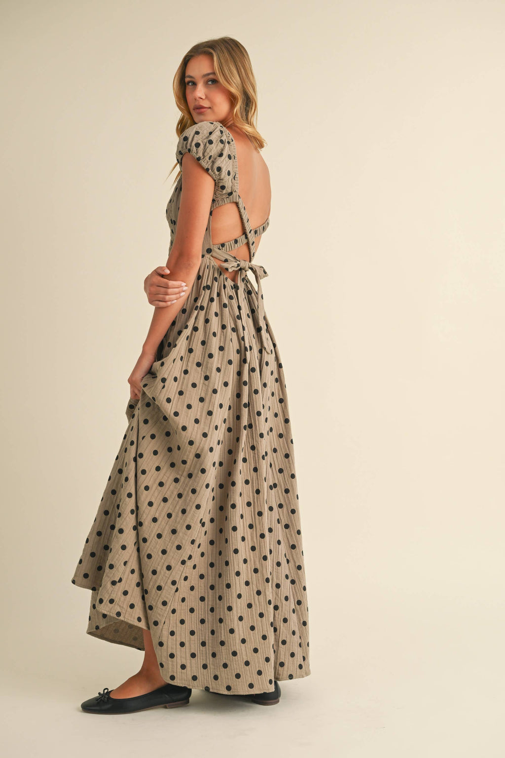 Polka Dot Criss Cross Open Back Smocked Maxi Dress
