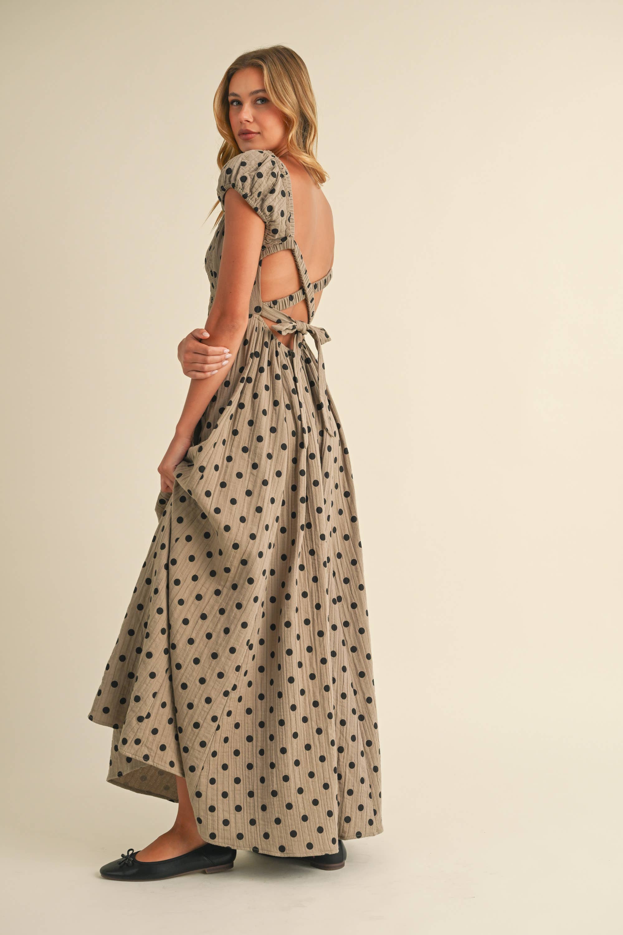 Polka Dot Criss Cross Open Back Smocked Maxi Dress