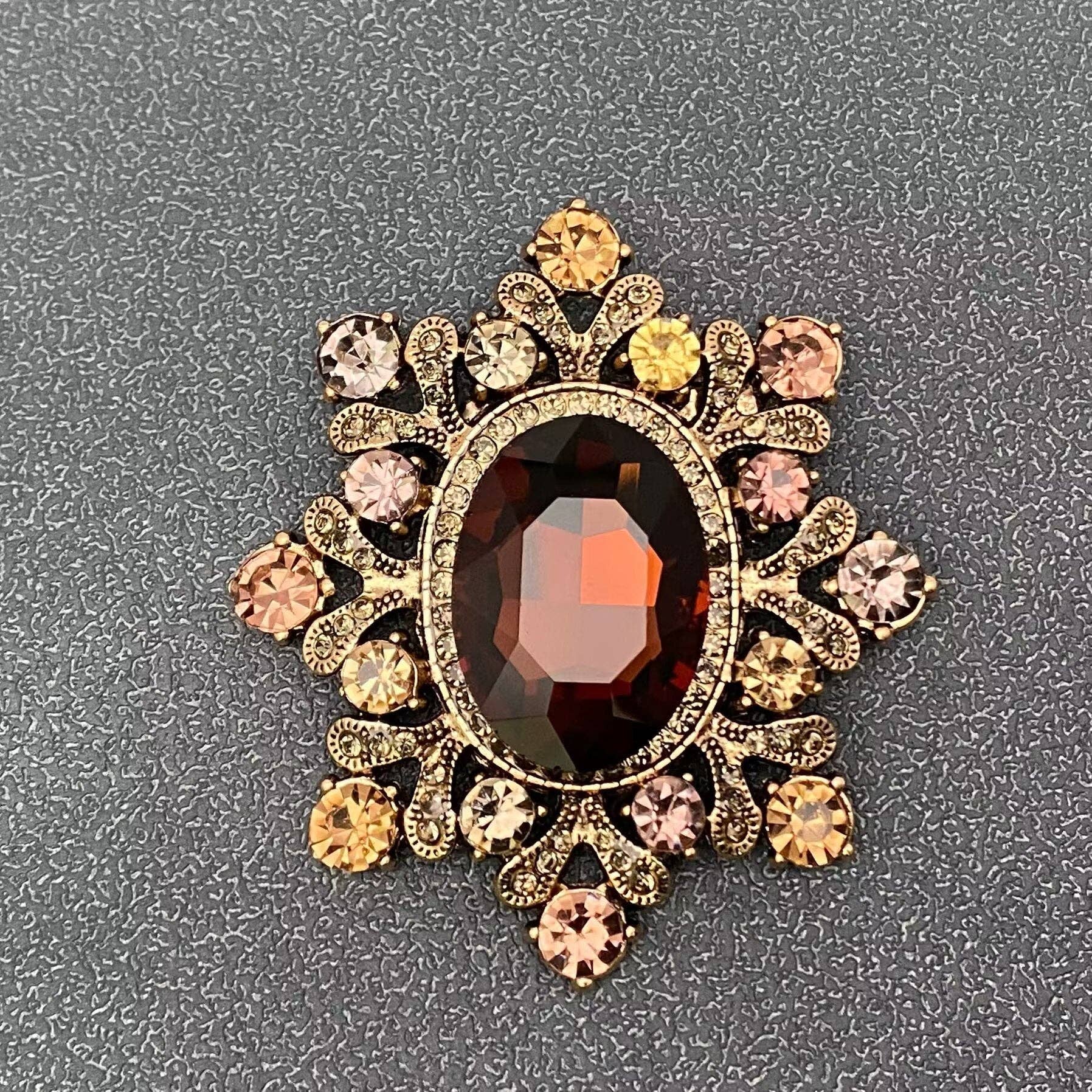 Antique-Inspired Amber Crystal Statement Brooch