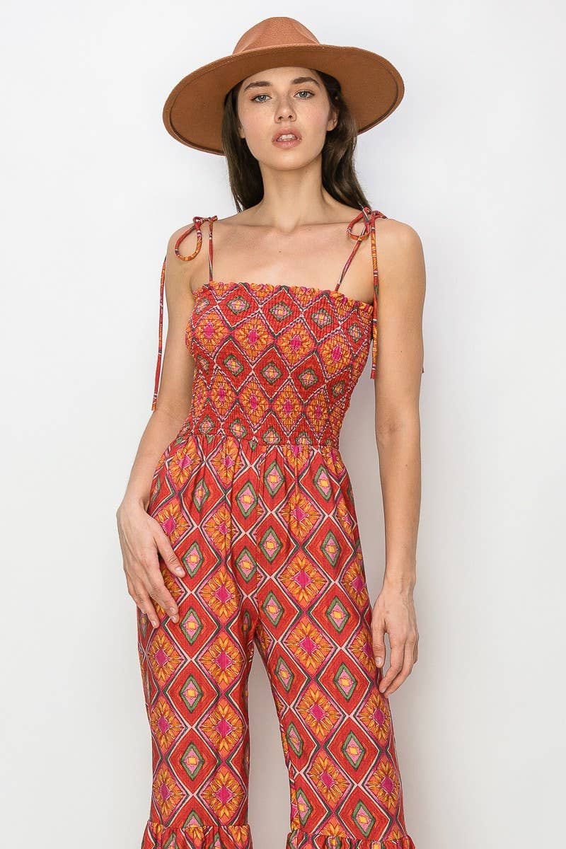 Boho Print Smocked Flared Jumpsuit 