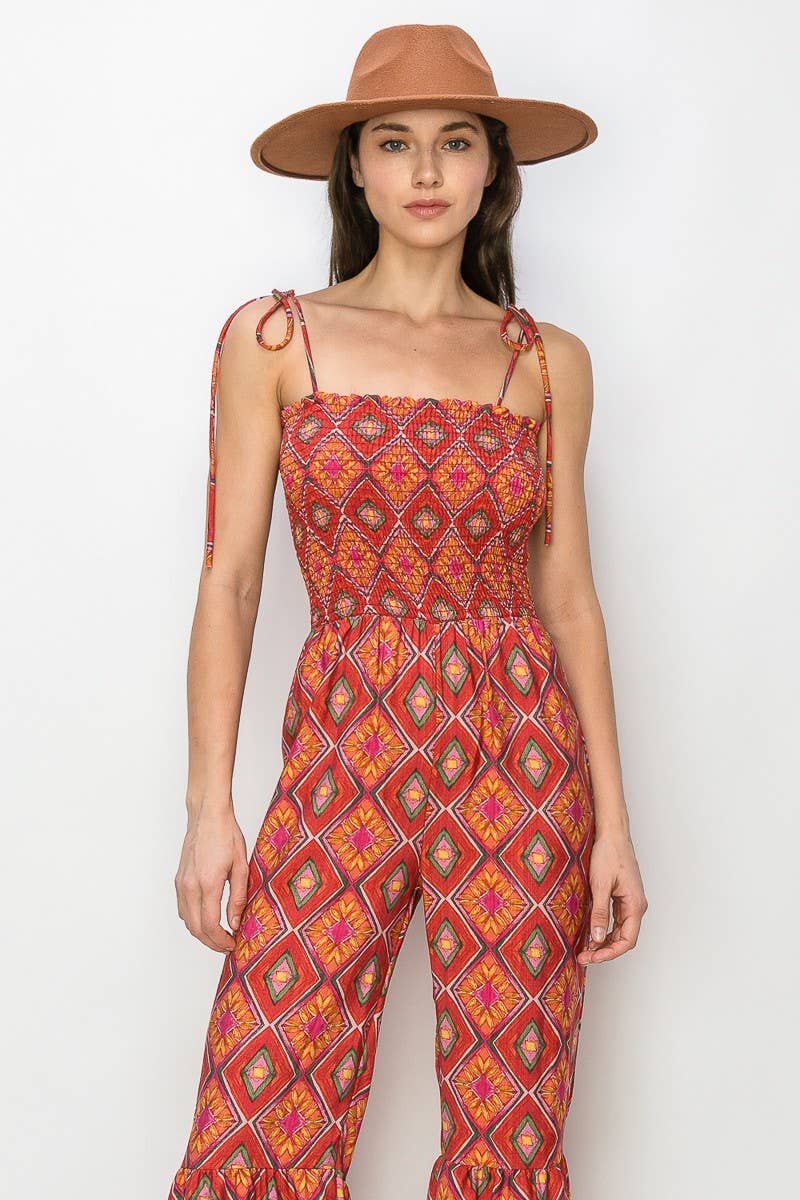 Boho Print Smocked Flared Jumpsuit 