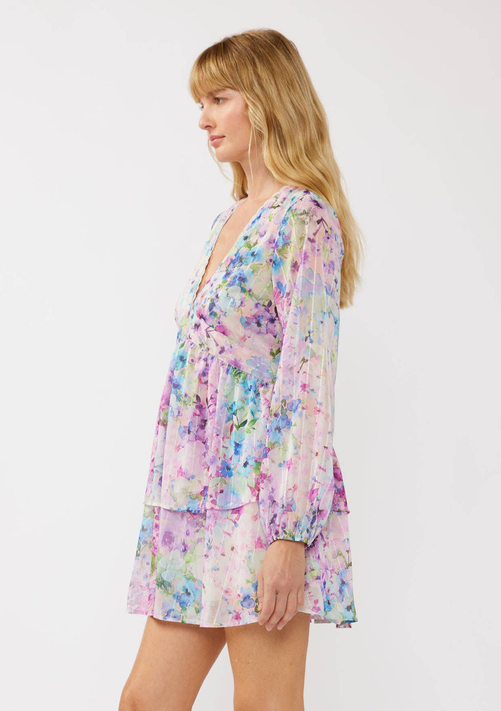 Watercolor Flower V-Neck Tiered Mini Dress