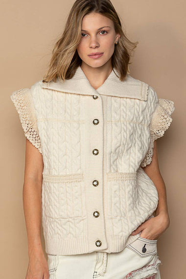 Crochet Button Down Lace Trim Sweater Vest