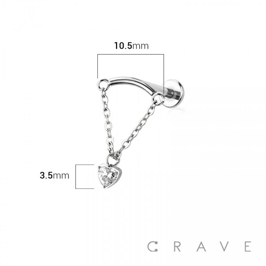 CURVED BAR DANGLE CLEAR HEART CZ CHAIN PUSH IN TOP 316L SURG: GOLD/CLEAR-18GA (1.0MM)-1/4" (6MM)