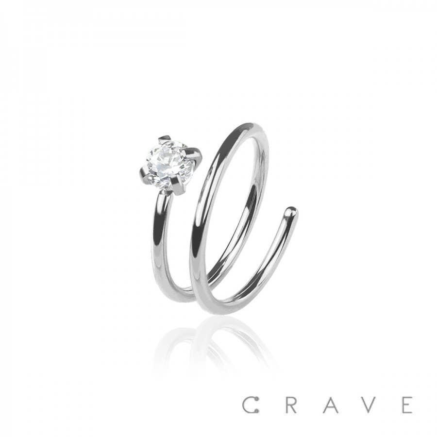 Round CZ Prong Double Hoop Annealed Nose Ring 