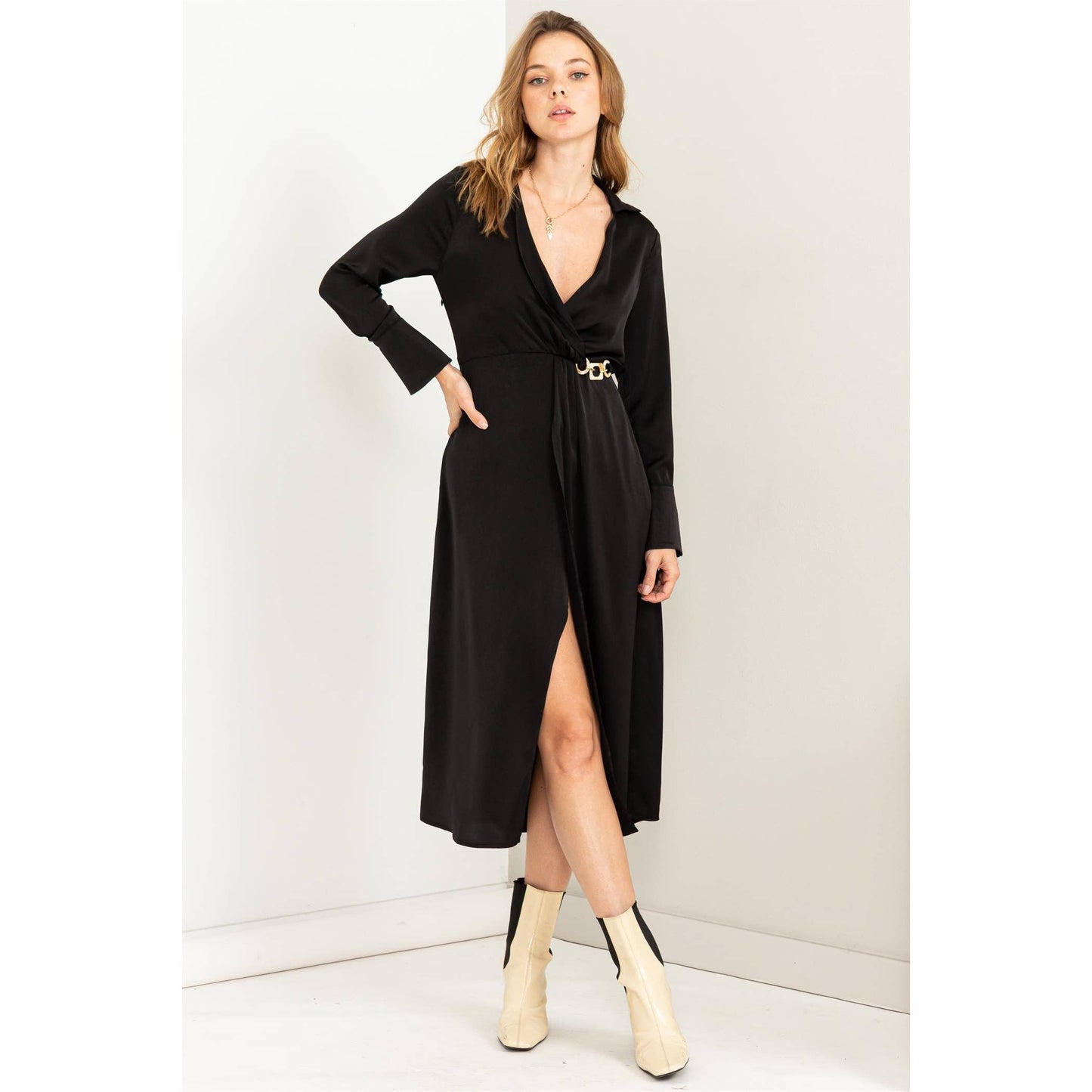 Kind Hearted Satin Wrap Effect Midi Dress