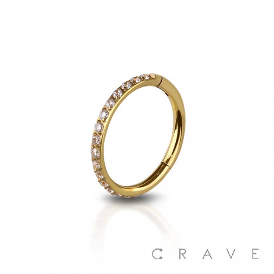 316L SS SIDE CZ HINGED SEGMENT RING FOR SEPTUM,HELIX, TRAGUS: 18GA (1.0MM)-1/4" (6MM)--GOLD/CLEAR