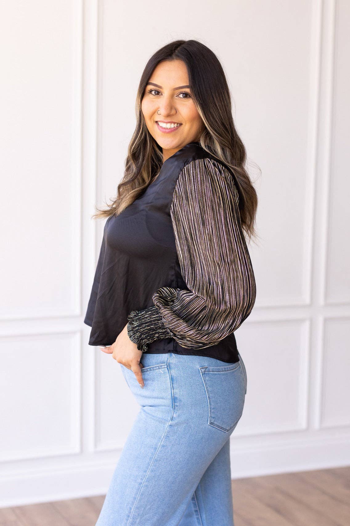 Glamour Gaze Black Top w/Shimmer Sleeves