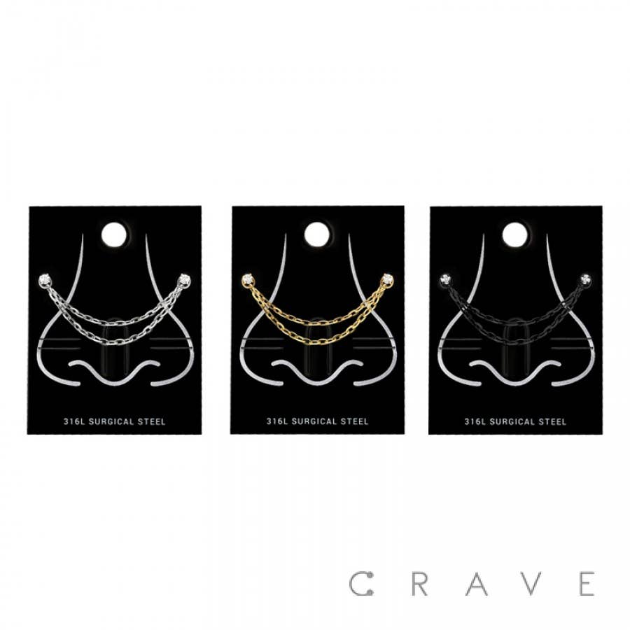 CZ L Shape Nose Rings w/Double Chain