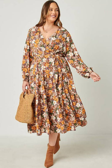 Plus Puff Sleeve Floral Print Belt Surplice Dress