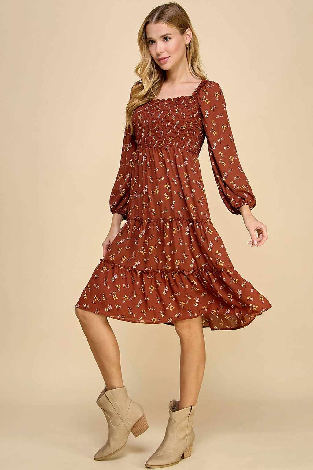 Tiered Floral Dress w/Smocking Long Sleeve 