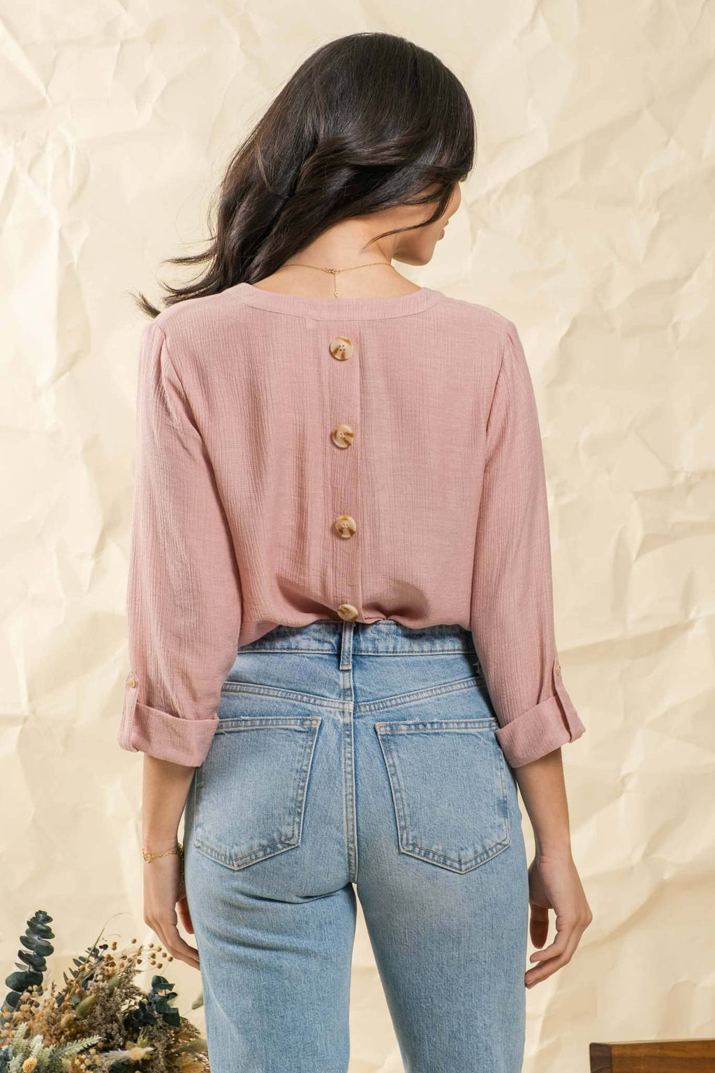 Split Neck Back Button 3/4 Tab Sleeve Top