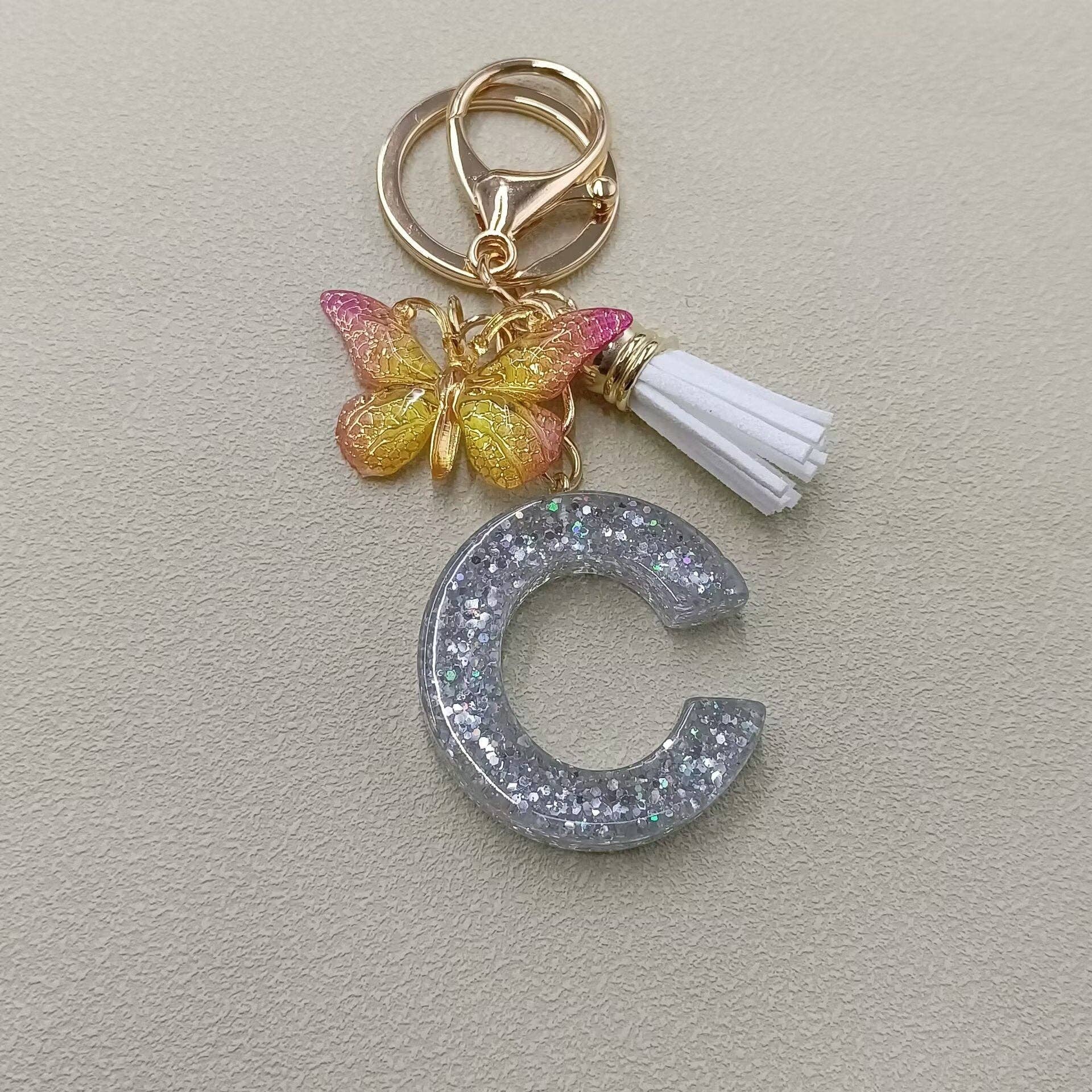 Silver Sequined Resin Letter Charm Keychains